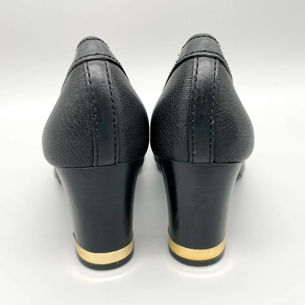 Tory Burch Womens 8.5M Pump Heels Shoes Black Leather Gold Buckle Office Classic